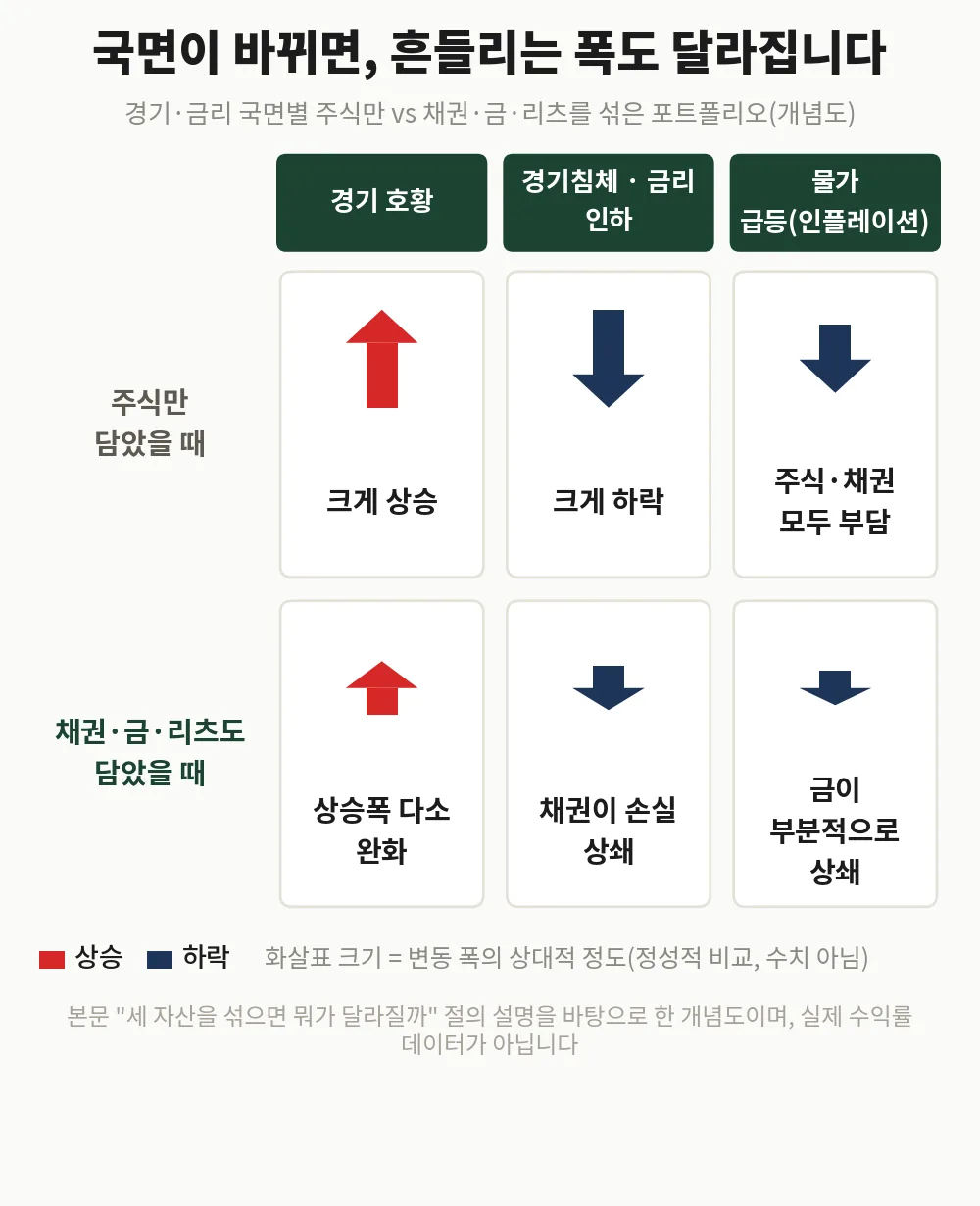 채권 ETF와 금·리츠를 더한 분산 포트폴리오는 경기 국면마다 흔들리는 폭이 다릅니다