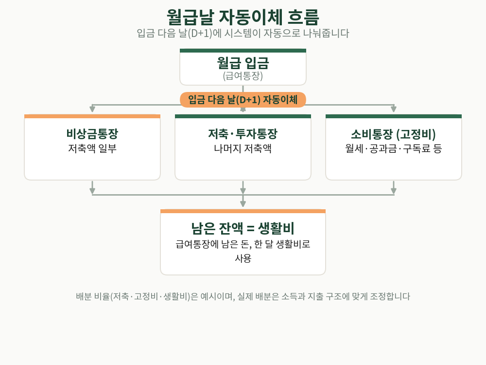 월급 입금부터 D+1 자동이체, 남은 잔액은 생활비까지의 흐름