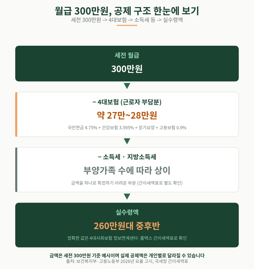 세전 300만원이 실수령액까지 줄어드는 구조