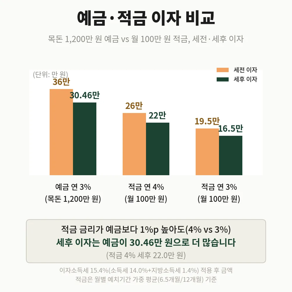 예금 연 3%와 적금 연 4%·3% 적금 이자 계산 세전·세후 비교 막대그래프