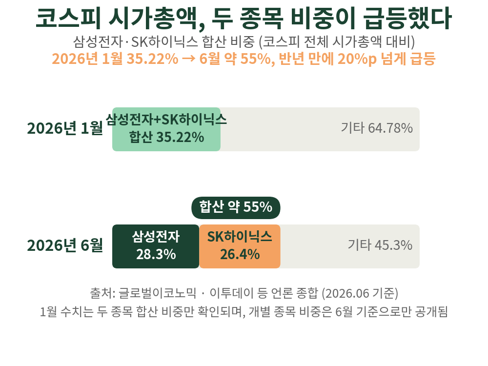 코스피는 대형 우량주 중심이라 안정적일 것 같지만, 두 종목 쏠림은 오히려 반년 새 더 커졌습니다.