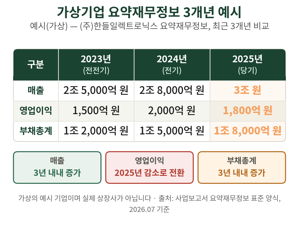 (예시·가상) 매출은 늘었지만 영업이익은 줄고 부채는 늘어난 3개년 흐름