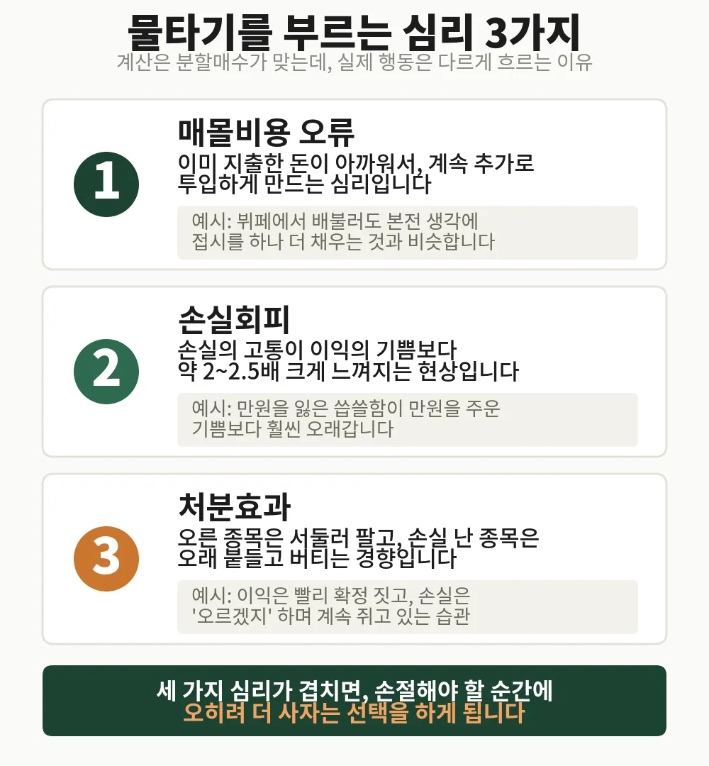 물타기를 부르는 심리 3가지: 매몰비용 오류, 손실회피, 처분효과 인포그래픽