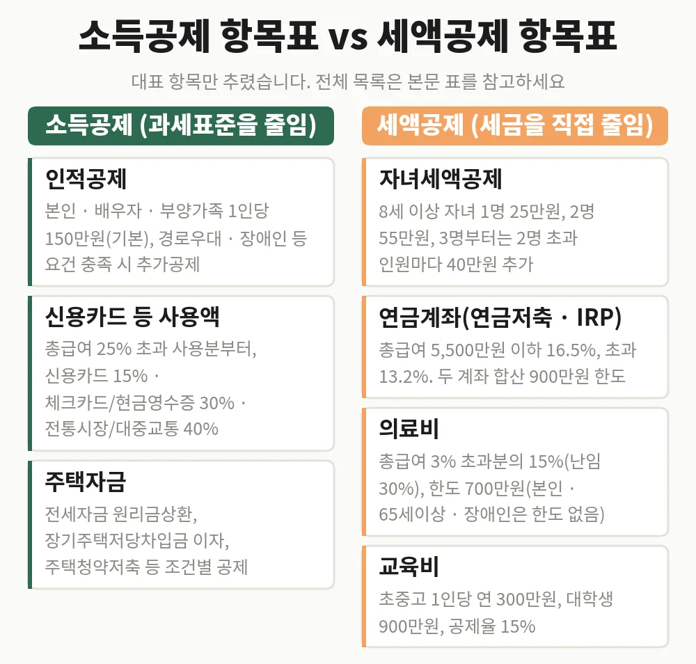 소득공제군과 세액공제군의 대표 항목과 공제율을 한눈에 비교한 정리표