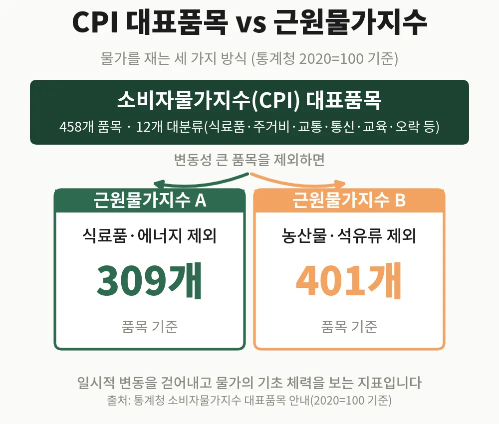 인플레이션이란 개념의 핵심 지표, CPI 대표품목 458개에서 갈라지는 근원물가지수 309개·401개 품목 비교 인포그래픽