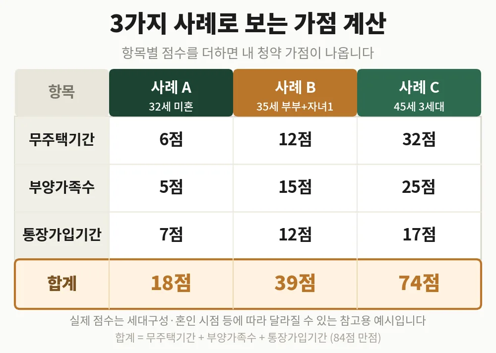 청약 가점 계산 사례 3가지: 32세 미혼 18점, 35세 부부와 자녀 1명 39점, 45세 3세대 74점