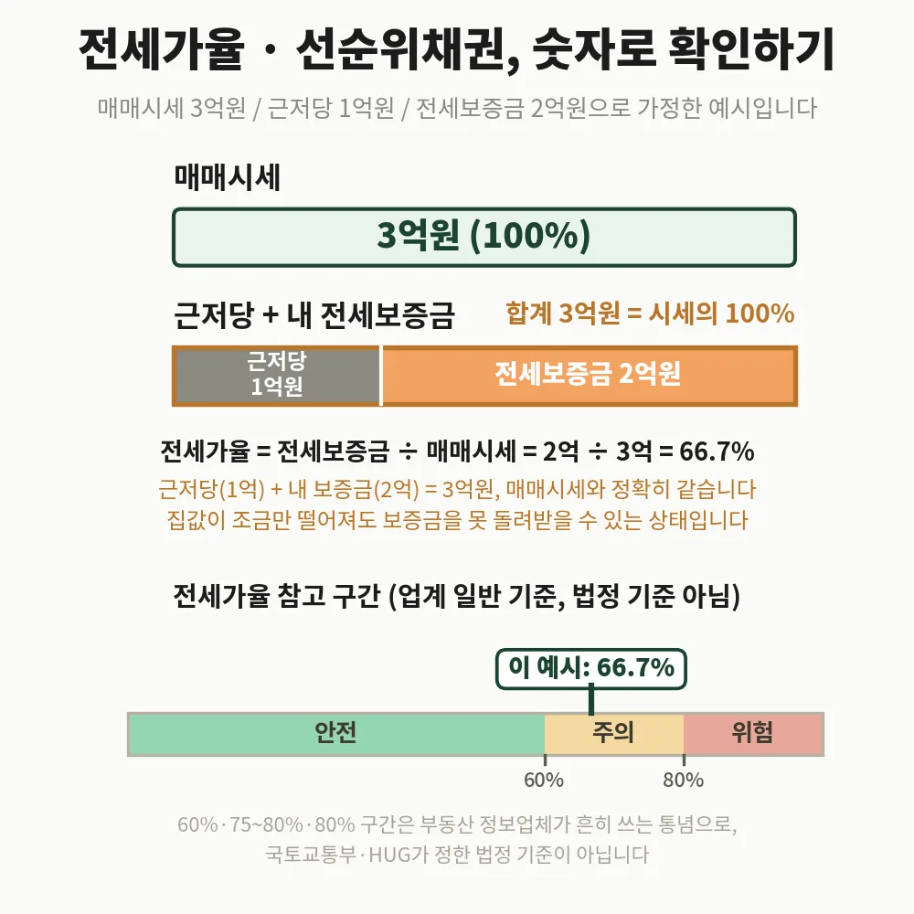 전세가율과 선순위채권 계산 예시: 매매시세 3억, 근저당 1억, 보증금 2억일 때 전세가율 66.7%