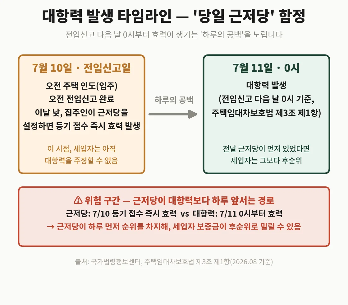 전세보증금 보호의 출발점인 대항력 발생 타임라인과 당일 근저당 위험 구간 인포그래픽