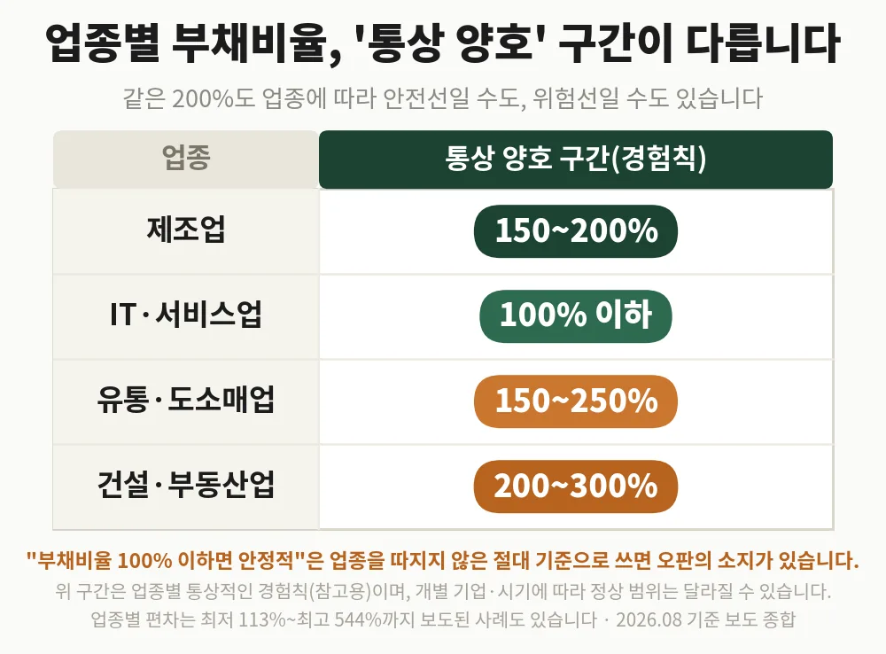 업종별 부채비율 통상 양호 구간을 비교한 표