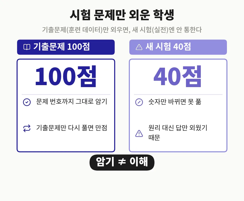 과적합이란 무엇인가를 시험 문제만 외운 학생에 빗댄 인포그래픽, 기출문제 100점 대 새 시험 40점