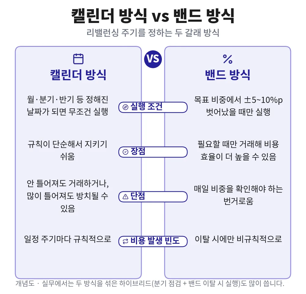 리밸런싱 주기 비교: 캘린더 방식과 밴드 방식의 실행 조건, 장단점, 비용 발생 빈도